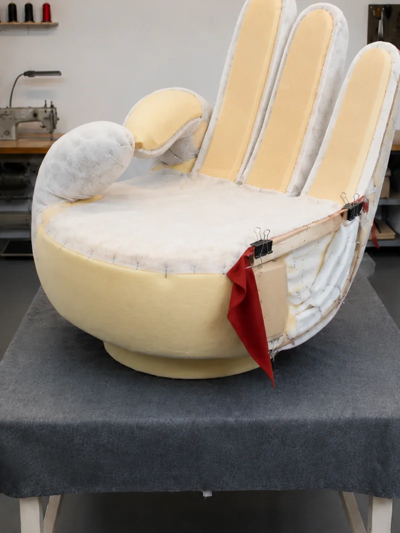 Hand-shaped chair in foam and dacron before the cover goes on