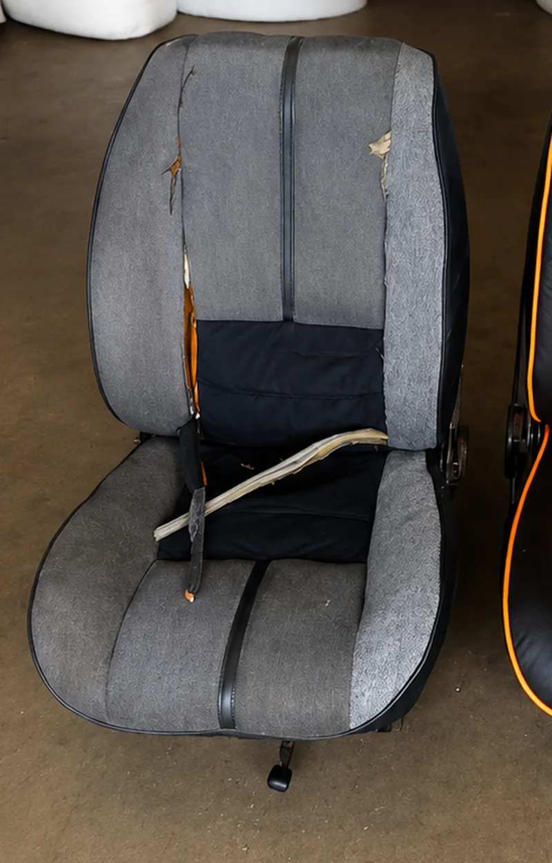 Torn grey vehicle seat before reupholstery