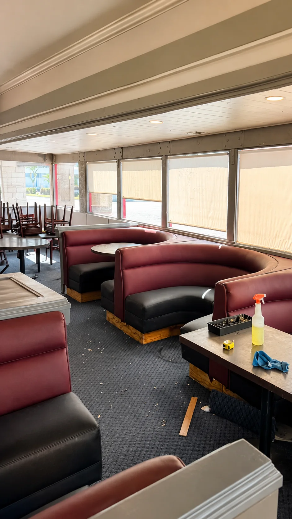 Restaurant booth upholstery with decorative panels