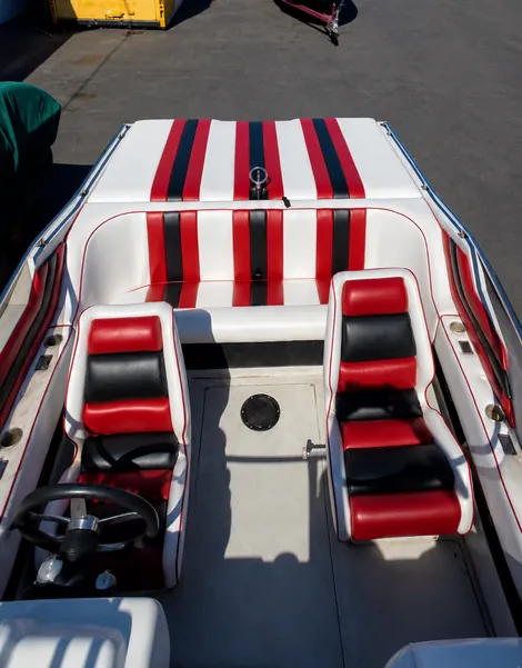 Red, black and white striped boat interior