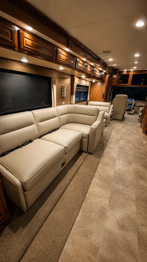 Motorhome interior with cream sectional and theater seating